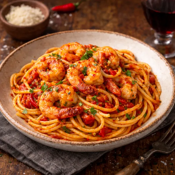 Spaghetti arrabiata met scampi bij Helemaal Zen